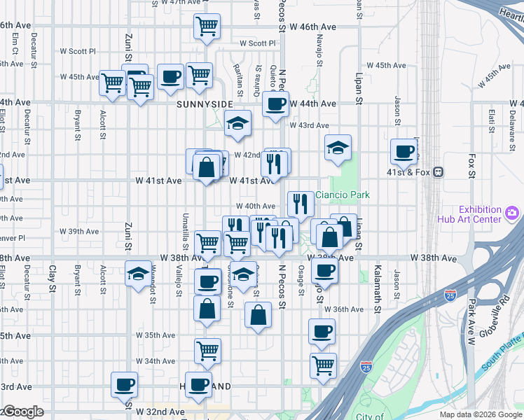 map of restaurants, bars, coffee shops, grocery stores, and more near 3922 Quivas Street in Denver