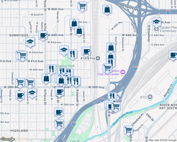 map of restaurants, bars, coffee shops, grocery stores, and more near 3931a Inca Street in Denver