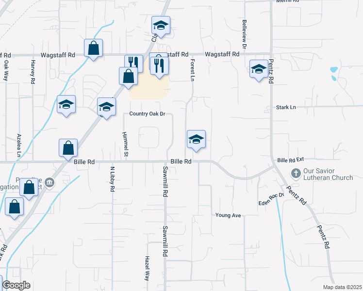 map of restaurants, bars, coffee shops, grocery stores, and more near 6212 Forest Lane in Paradise