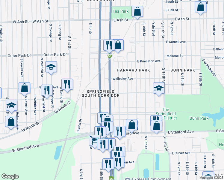 map of restaurants, bars, coffee shops, grocery stores, and more near 2440 South 6th Street in Springfield