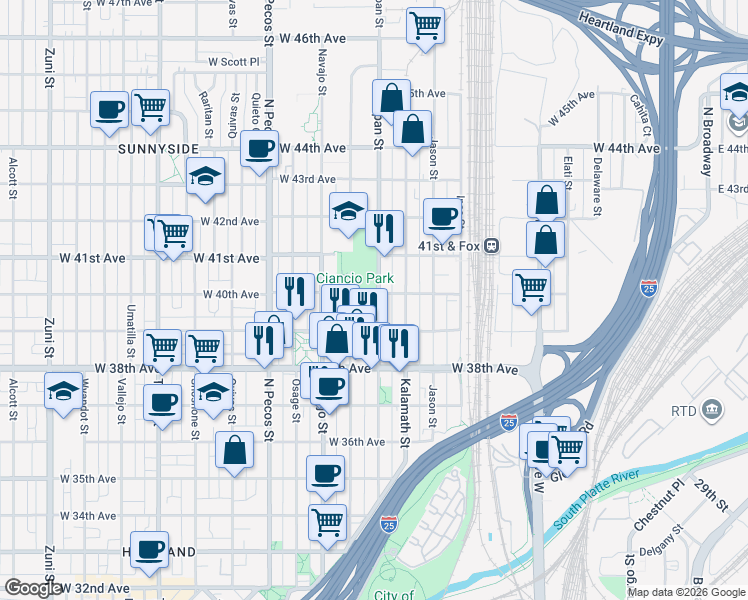 map of restaurants, bars, coffee shops, grocery stores, and more near 3959 Lipan Street in Denver
