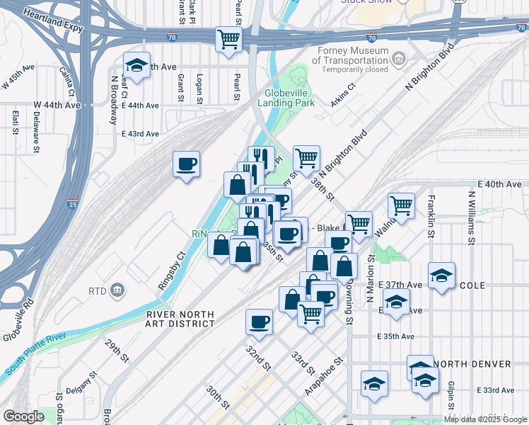 map of restaurants, bars, coffee shops, grocery stores, and more near 3508 Delgany Street in Denver