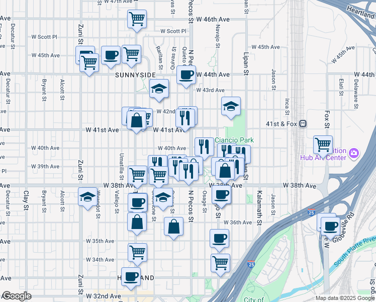 map of restaurants, bars, coffee shops, grocery stores, and more near 3922 North Pecos Street in Denver