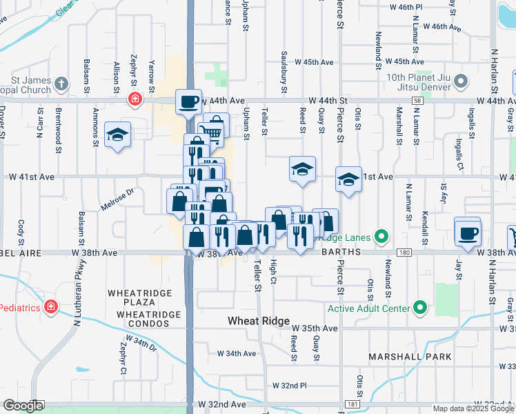 map of restaurants, bars, coffee shops, grocery stores, and more near 7101 West 38th Avenue in Wheat Ridge
