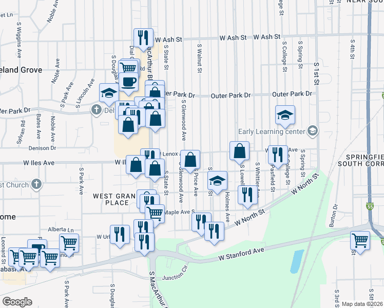 map of restaurants, bars, coffee shops, grocery stores, and more near 700 West Lenox Avenue in Springfield