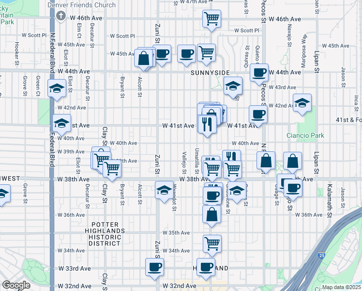 map of restaurants, bars, coffee shops, grocery stores, and more near 3926 Vallejo Street in Denver