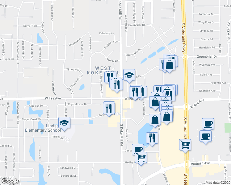 map of restaurants, bars, coffee shops, grocery stores, and more near 3225 West Iles Avenue in Springfield