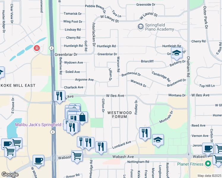 map of restaurants, bars, coffee shops, grocery stores, and more near 2301-2305 West Iles Avenue in Springfield
