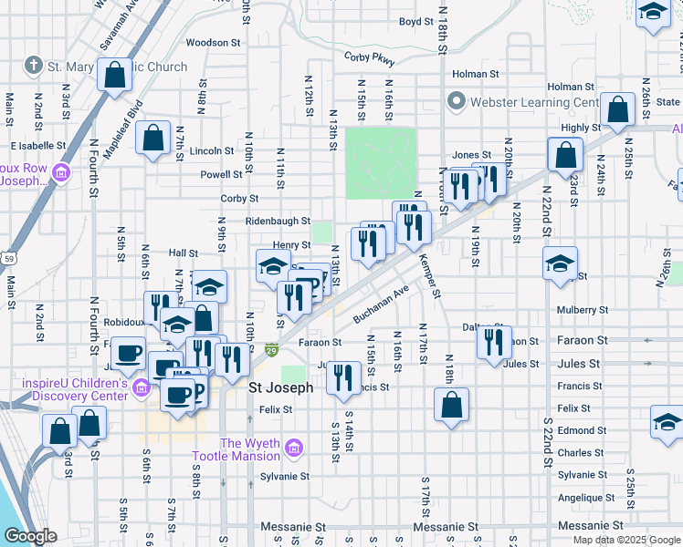 map of restaurants, bars, coffee shops, grocery stores, and more near 1316 Frederick Avenue in Saint Joseph