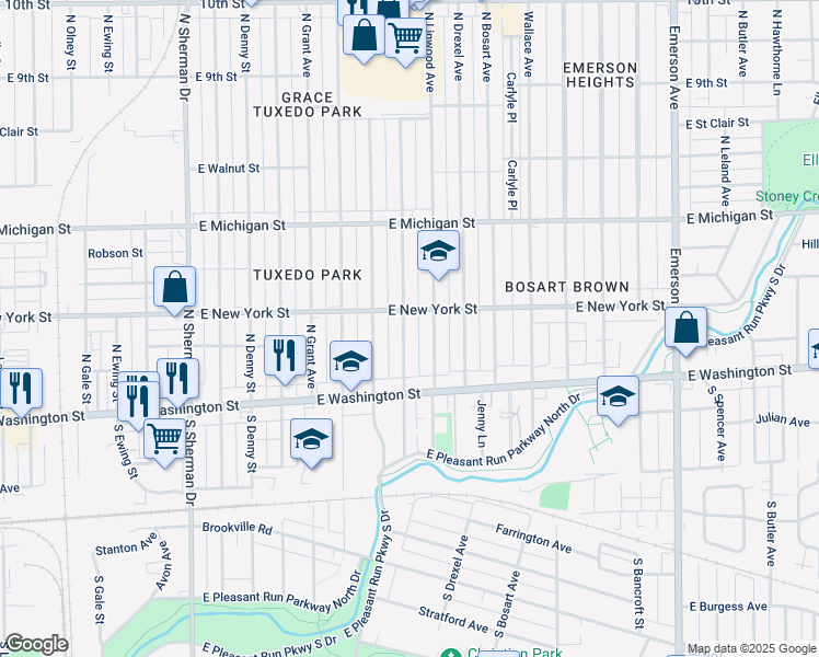 map of restaurants, bars, coffee shops, grocery stores, and more near 48 North Euclid Avenue in Indianapolis
