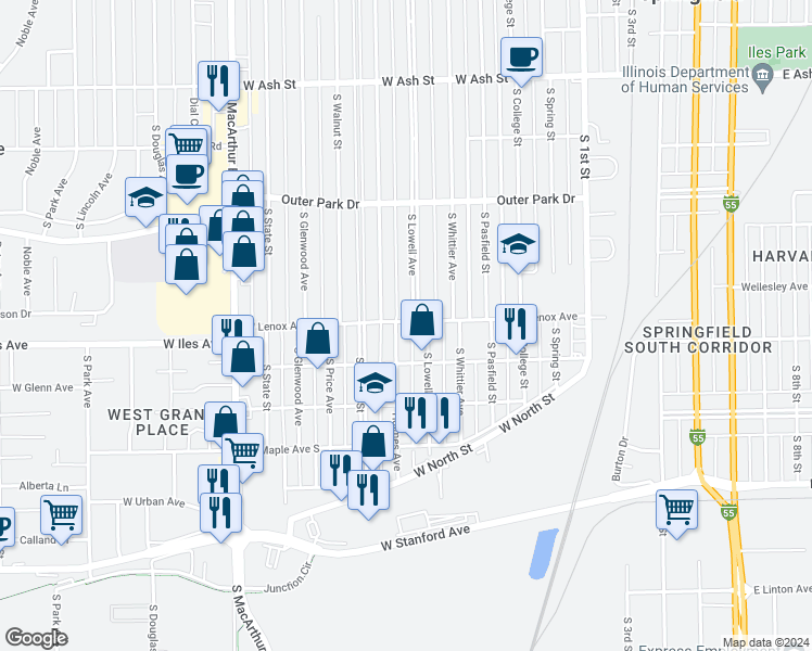 map of restaurants, bars, coffee shops, grocery stores, and more near 620 West Lenox Avenue in Springfield