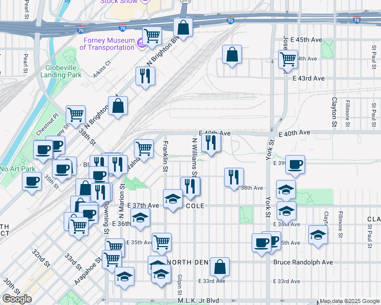 map of restaurants, bars, coffee shops, grocery stores, and more near 3846 Gilpin Street in Denver