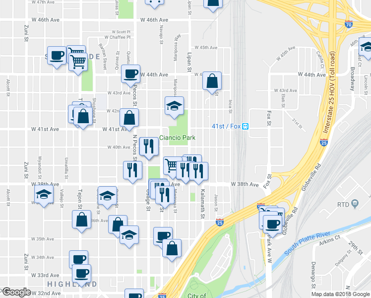 map of restaurants, bars, coffee shops, grocery stores, and more near 3920 Lipan Street in Denver
