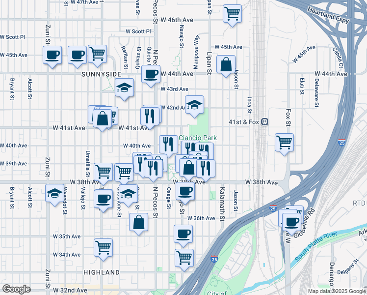 map of restaurants, bars, coffee shops, grocery stores, and more near 3917 Navajo Street in Denver
