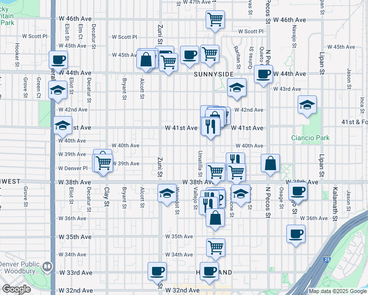 map of restaurants, bars, coffee shops, grocery stores, and more near 3926 Vallejo Street in Denver