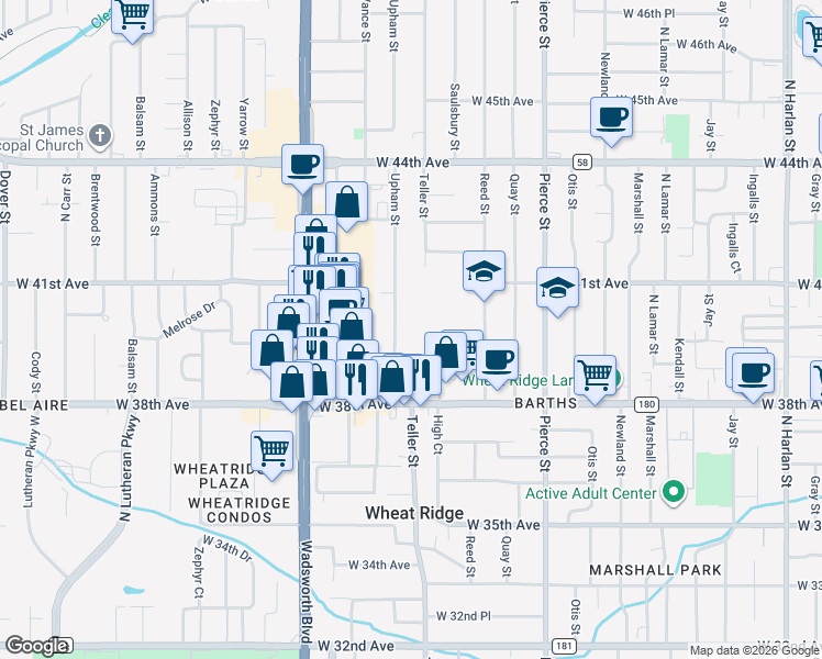 map of restaurants, bars, coffee shops, grocery stores, and more near 3885 Upham Street in Wheat Ridge
