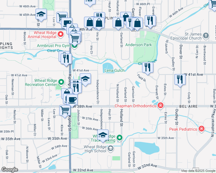 map of restaurants, bars, coffee shops, grocery stores, and more near 3880 Hoyt Street in Wheat Ridge