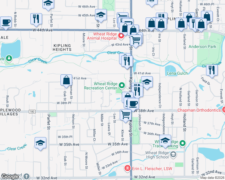 map of restaurants, bars, coffee shops, grocery stores, and more near 3924 Lee Circle in Wheat Ridge