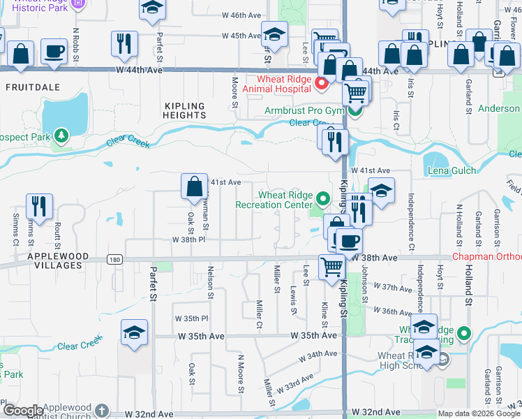map of restaurants, bars, coffee shops, grocery stores, and more near 3895 Miller Court in Wheat Ridge