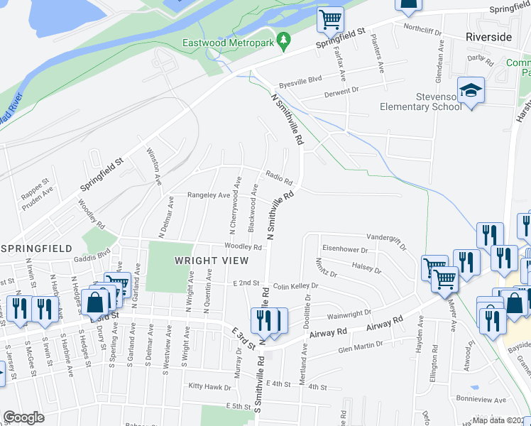 map of restaurants, bars, coffee shops, grocery stores, and more near 230 Blackwood Avenue in Dayton