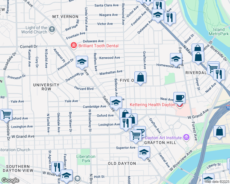 map of restaurants, bars, coffee shops, grocery stores, and more near 14 Bellevue Avenue in Dayton