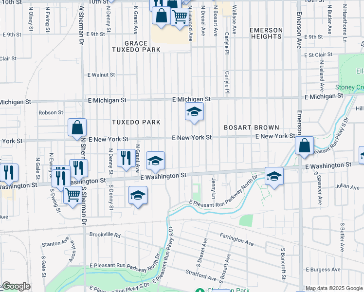 map of restaurants, bars, coffee shops, grocery stores, and more near 48 North Euclid Avenue in Indianapolis