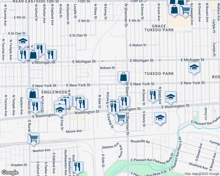 map of restaurants, bars, coffee shops, grocery stores, and more near 69 North Ewing Street in Indianapolis