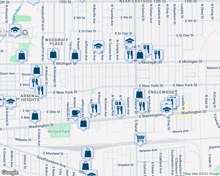 map of restaurants, bars, coffee shops, grocery stores, and more near 238 North Forest Avenue in Indianapolis