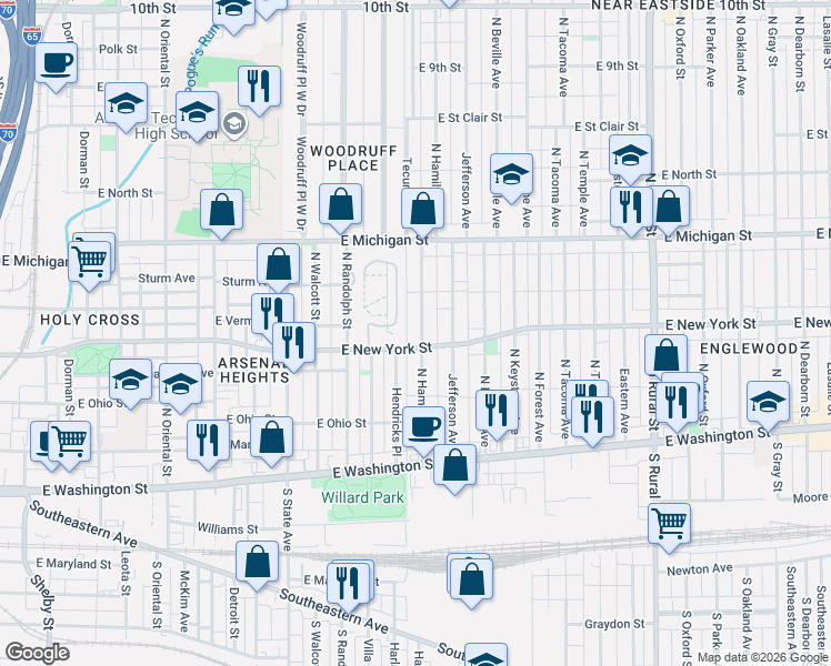 map of restaurants, bars, coffee shops, grocery stores, and more near in Indianapolis