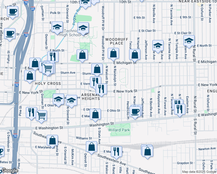 map of restaurants, bars, coffee shops, grocery stores, and more near 1717 East New York Street in Indianapolis