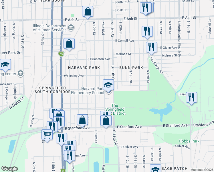 map of restaurants, bars, coffee shops, grocery stores, and more near 2501 South 11th Street in Springfield