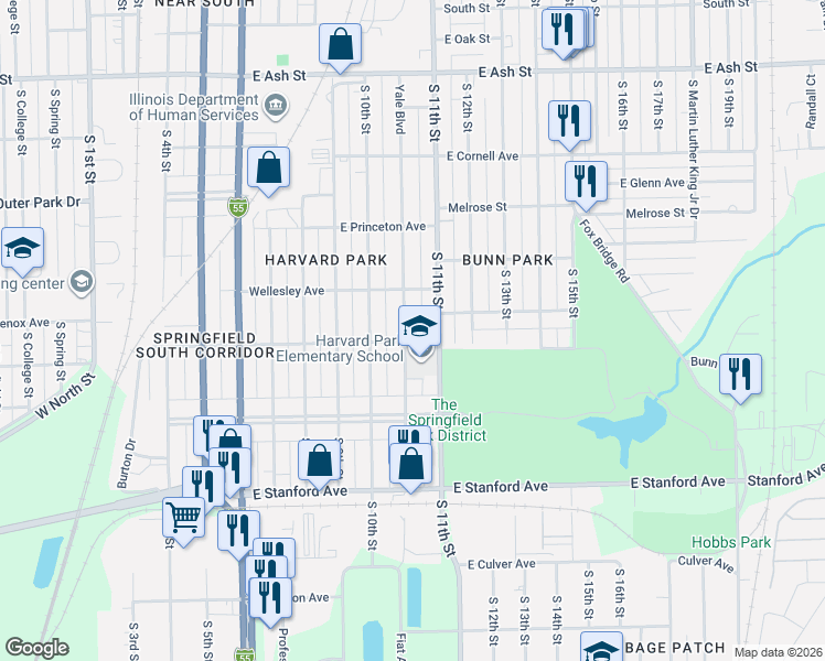 map of restaurants, bars, coffee shops, grocery stores, and more near 2501 South 11th Street in Springfield