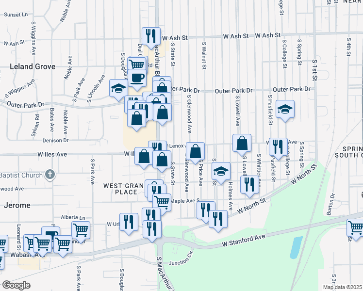 map of restaurants, bars, coffee shops, grocery stores, and more near 2612 South Glenwood Avenue in Springfield