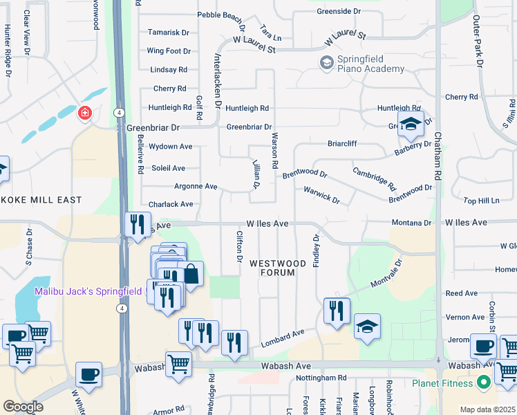 map of restaurants, bars, coffee shops, grocery stores, and more near 2301-2305 West Iles Avenue in Springfield