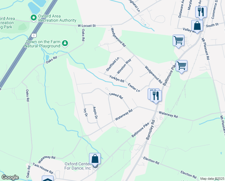 map of restaurants, bars, coffee shops, grocery stores, and more near 138 Tweed Road in Oxford