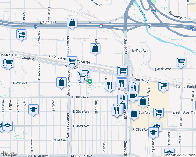 map of restaurants, bars, coffee shops, grocery stores, and more near 3925 Oneida Street in Denver