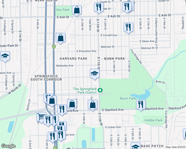 map of restaurants, bars, coffee shops, grocery stores, and more near 2440 Yale Boulevard in Springfield