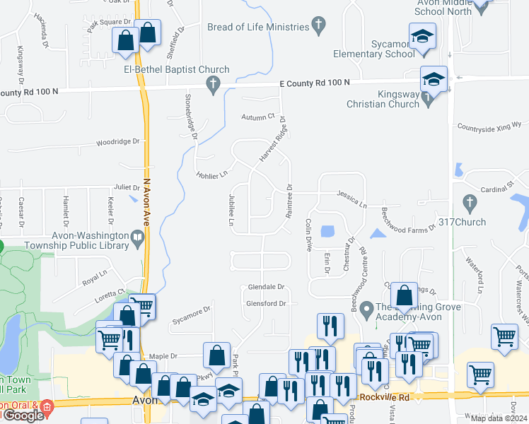 map of restaurants, bars, coffee shops, grocery stores, and more near 7356 Caldwell Lane in Avon