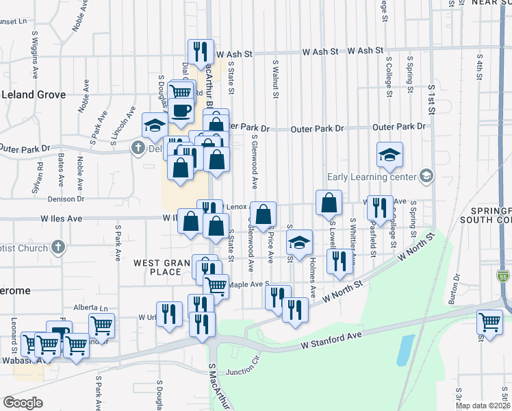 map of restaurants, bars, coffee shops, grocery stores, and more near 781 West Lenox Avenue in Springfield