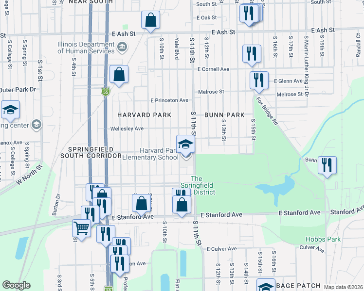 map of restaurants, bars, coffee shops, grocery stores, and more near 2501 South 11th Street in Springfield
