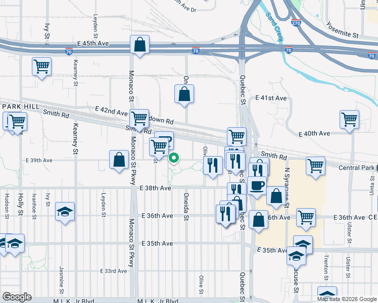 map of restaurants, bars, coffee shops, grocery stores, and more near 3925 Oneida Street in Denver