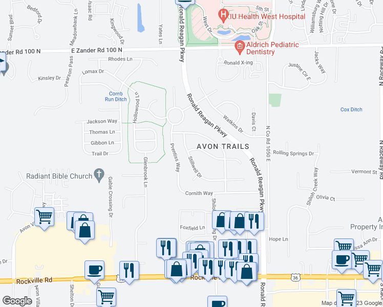 map of restaurants, bars, coffee shops, grocery stores, and more near 10179 Buell Drive in Avon
