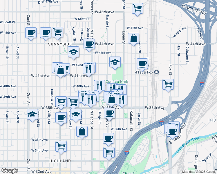 map of restaurants, bars, coffee shops, grocery stores, and more near 3917 Navajo Street in Denver