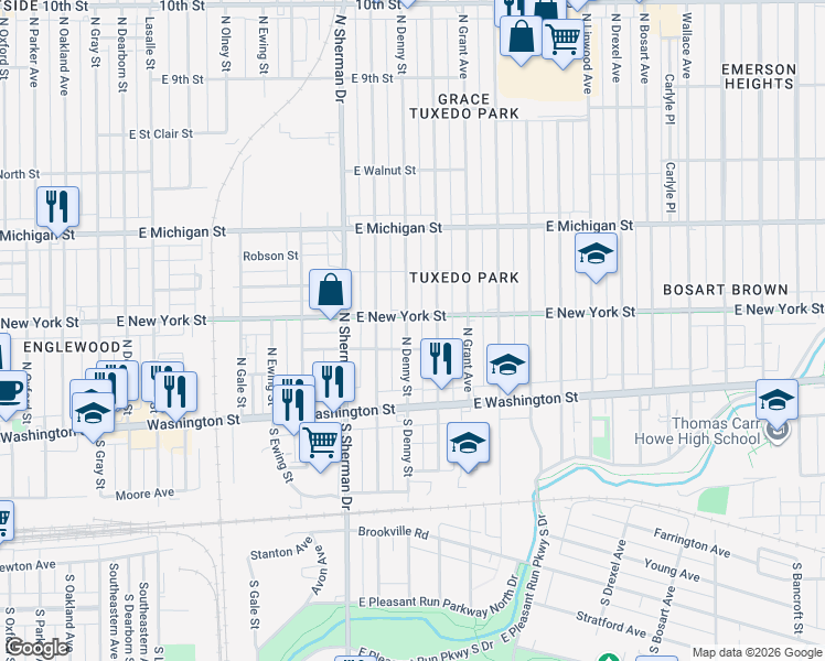 map of restaurants, bars, coffee shops, grocery stores, and more near 121 North Denny Street in Indianapolis