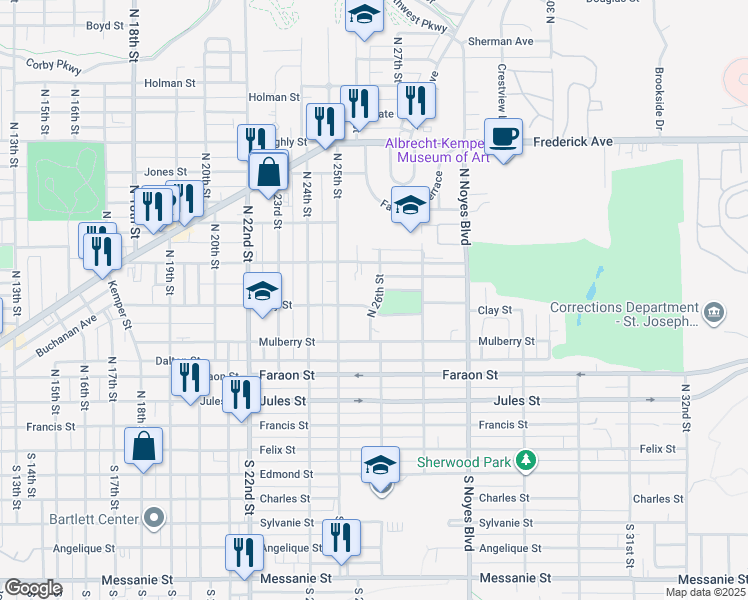 map of restaurants, bars, coffee shops, grocery stores, and more near 2604 Clay Street in Saint Joseph