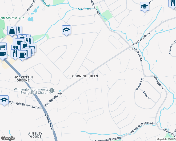 map of restaurants, bars, coffee shops, grocery stores, and more near 101 Hockessin Valley Falls Road in Hockessin