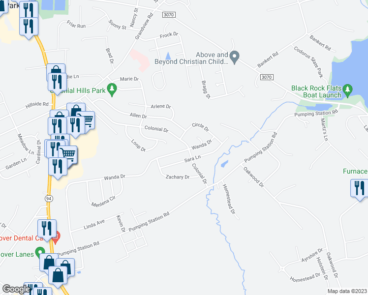 map of restaurants, bars, coffee shops, grocery stores, and more near 1261 Wanda Drive in Hanover
