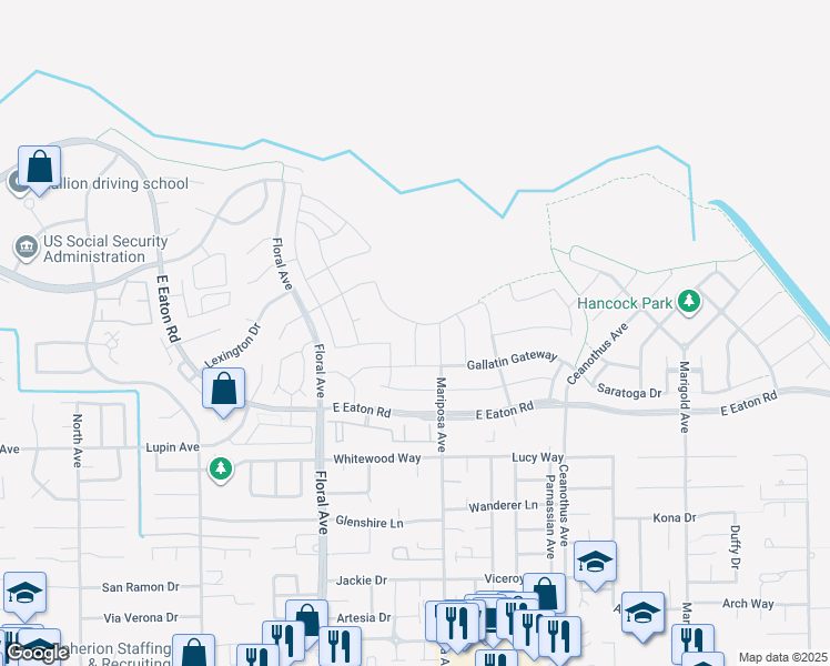 map of restaurants, bars, coffee shops, grocery stores, and more near Gibson Landing in Chico