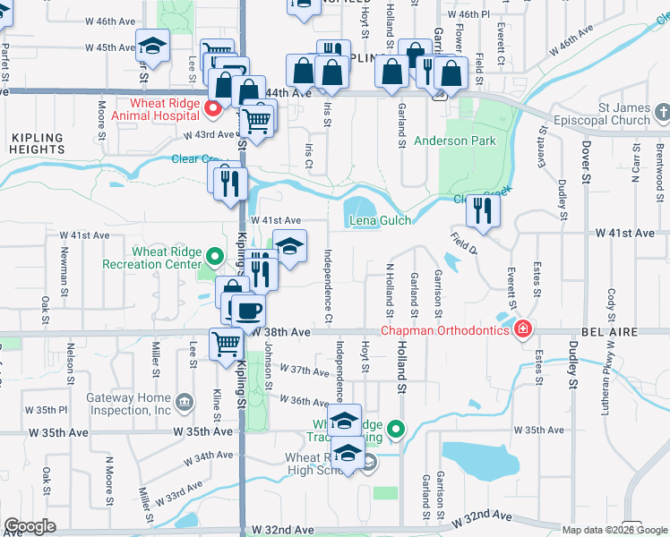 map of restaurants, bars, coffee shops, grocery stores, and more near 3894 Independence Court in Wheat Ridge