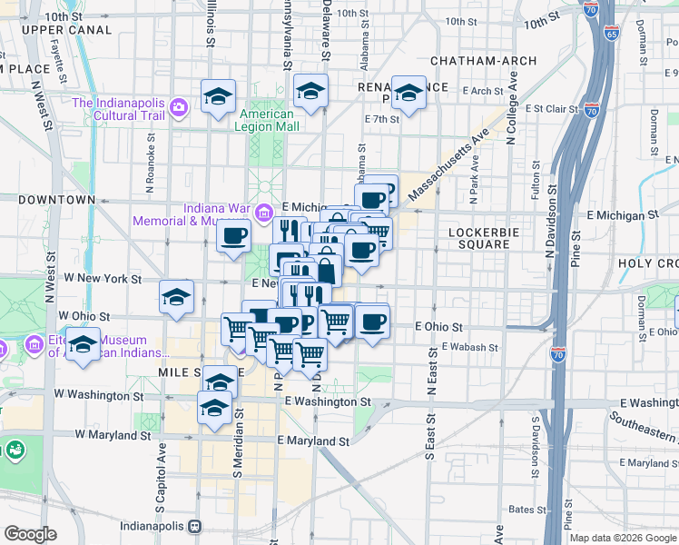 map of restaurants, bars, coffee shops, grocery stores, and more near in Indianapolis